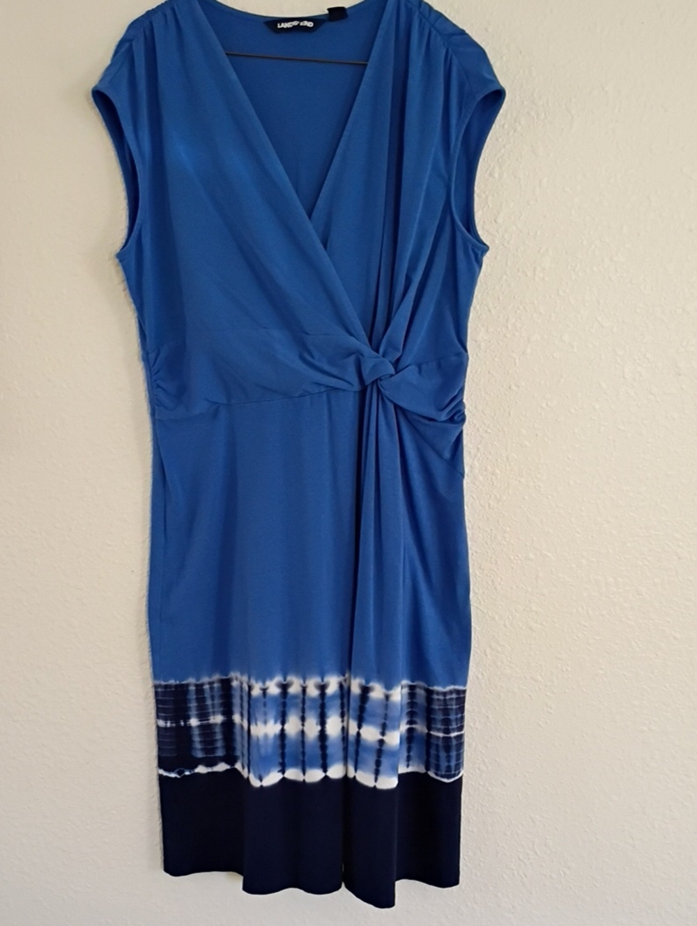 Lands' End Blue Tie-Dye Hem Faux-Wrap Dress